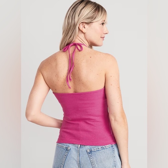 Old Navy Womens Pink Ribbed V-neck Halter Tie Shelf Bra Tank Top Size XXL - Picture 2 of 7